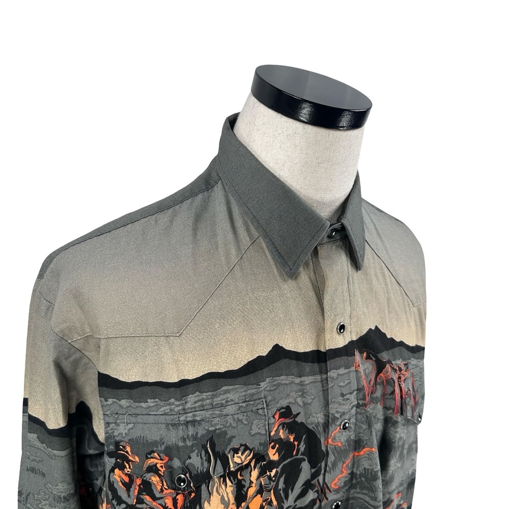 Vintage Roper Western Snap Shirt Mens XL Gray Black Cowboy Campfire Scenic USA - Picture 2 of 11